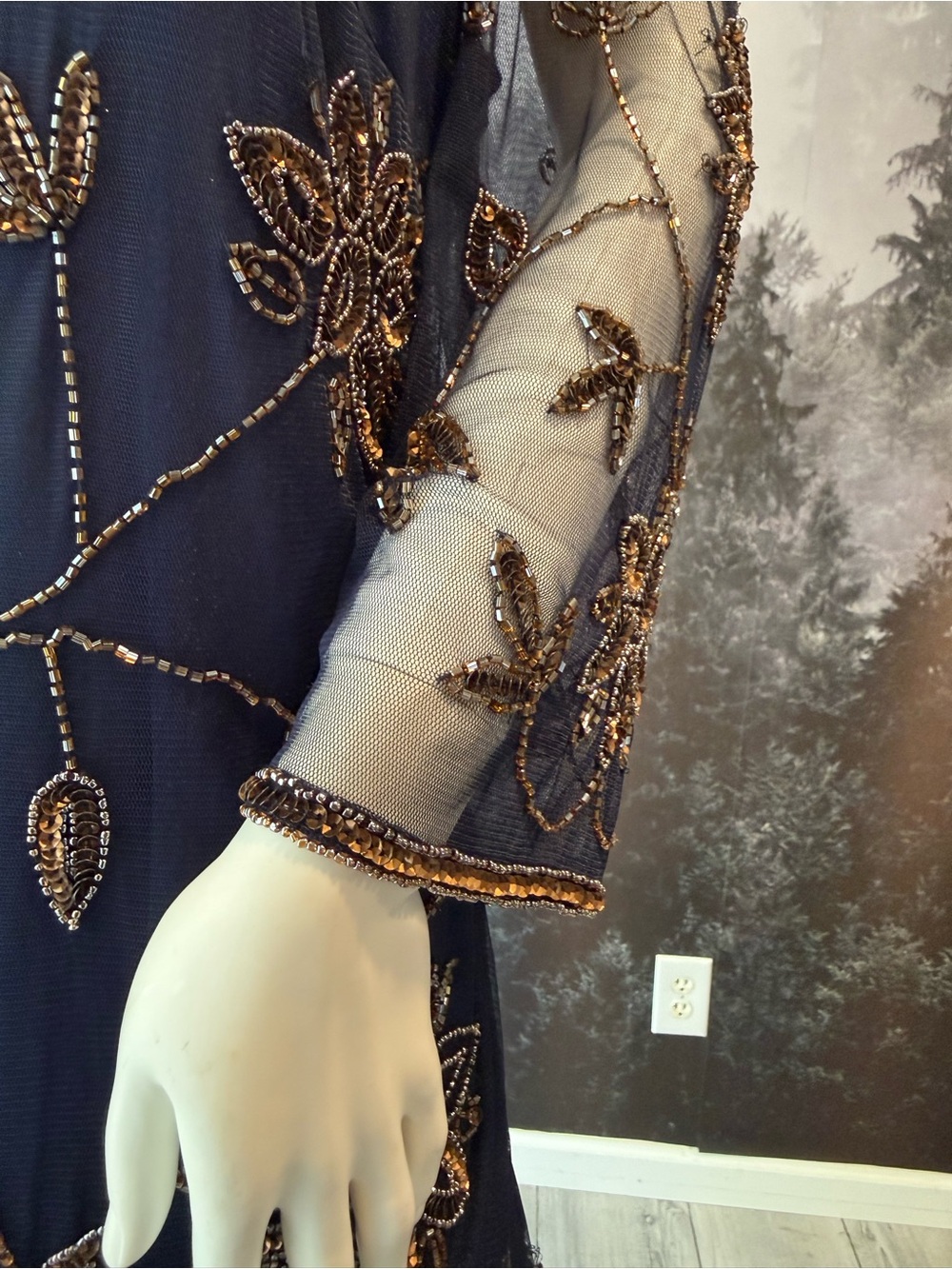 Pisarro Nights Navy Blue Midi Dress with Gold Floral Embroidery beads and sequin - Picture 8 of 15